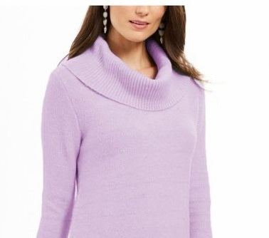 Style & Co Women's Textured Heather Long Sleeve Cowl Neck Sweater Purple Size Petite Large