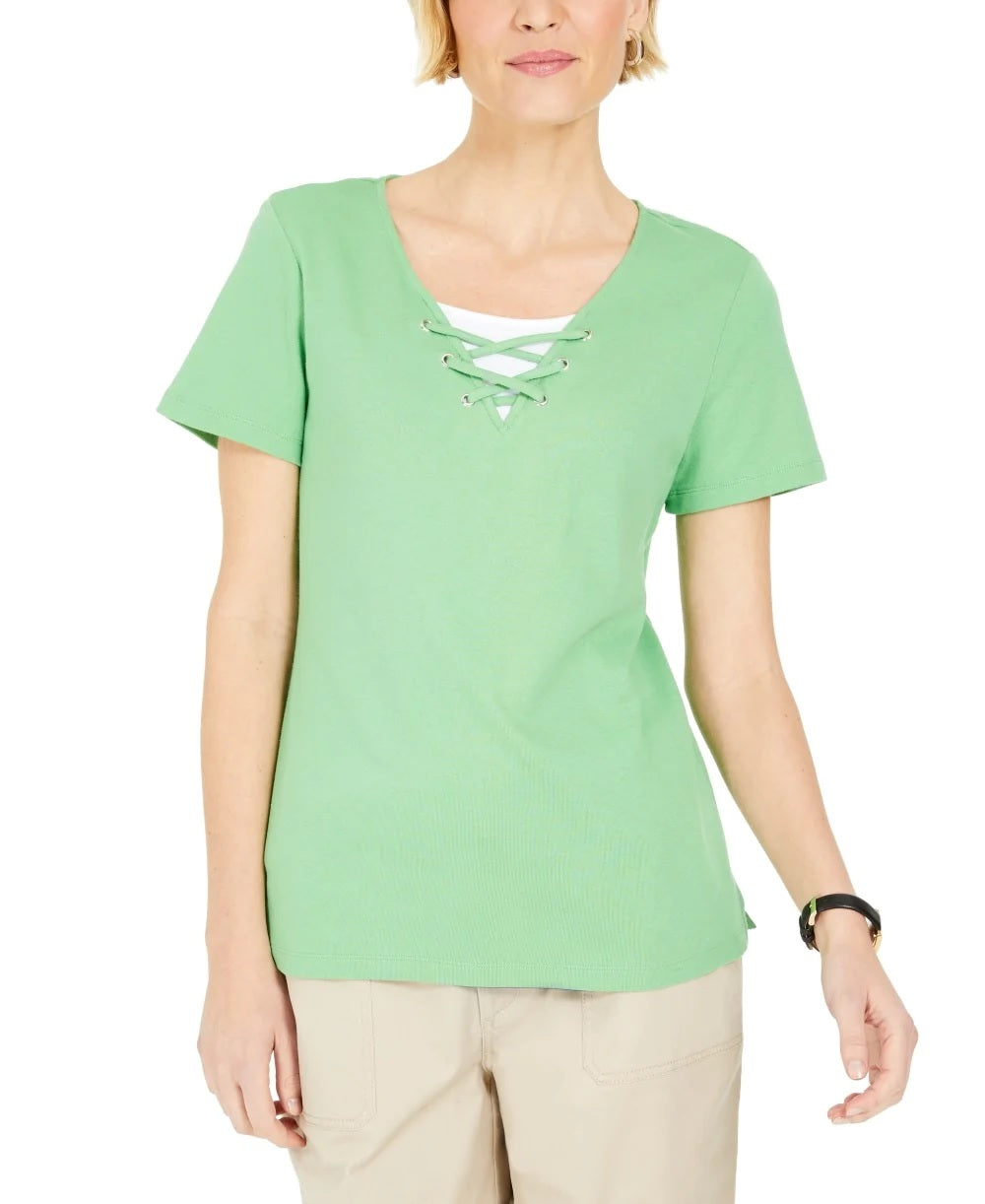 Karen Scott Women's Lace Up Layered Look Top Green Size Medium