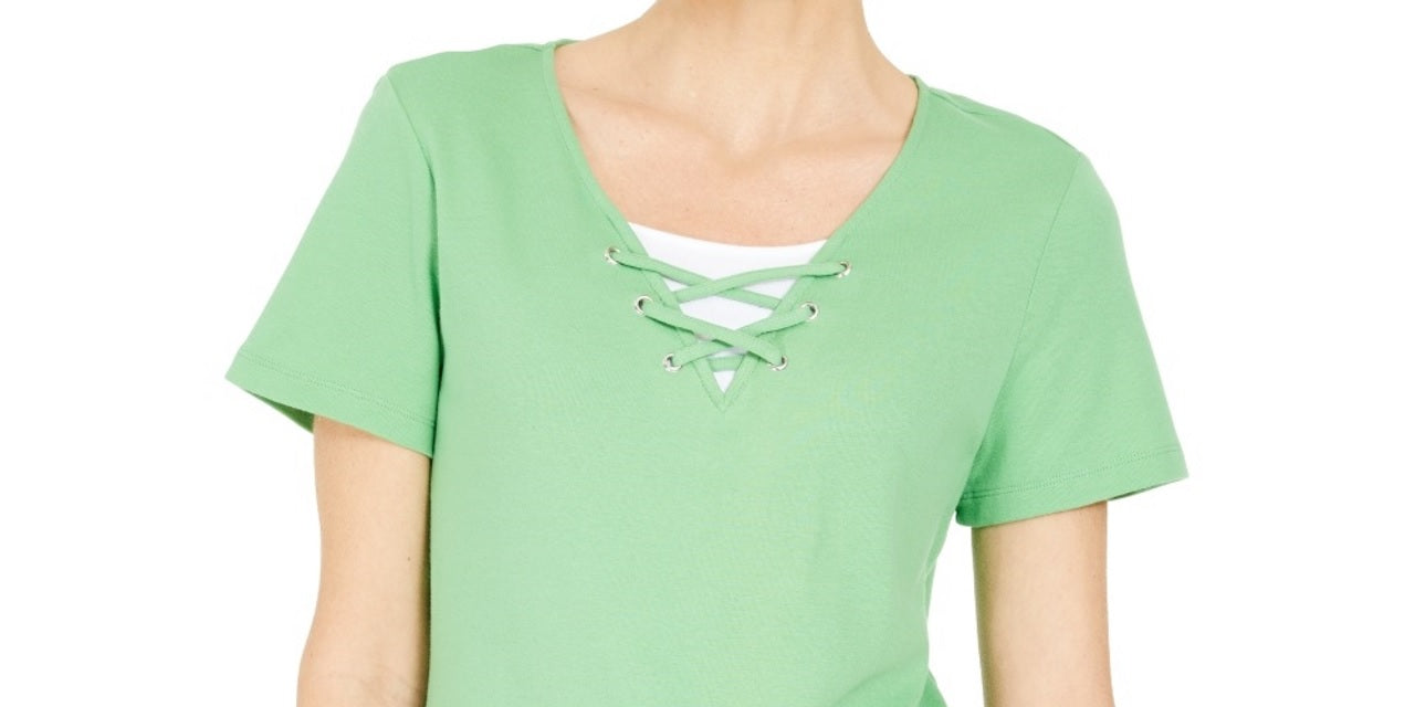 Karen Scott Women's Lace Up Layered Look Top Green Size Medium