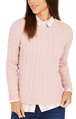 Charter Club Women's Textured Embellished Patterned Long Sleeve Jewel Neck Sweater Pink Size X-Small