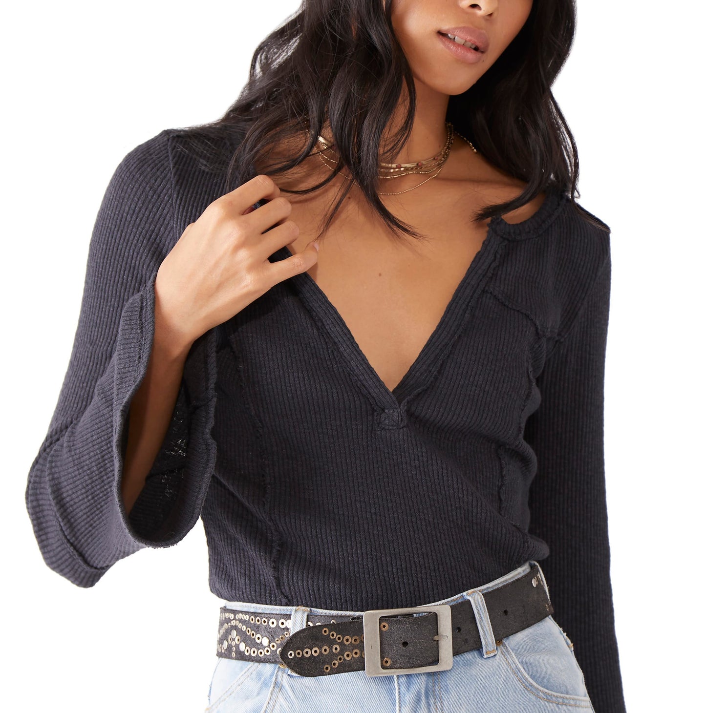 Free People Women's Give Me A Little Bell Sleeve Rib T-Shirt Black Size Small