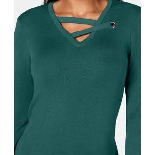 JM Collection Women's Petite Grommet-Trim V-Neck Top Green  Size PL