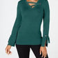JM Collection Women's Petite Grommet-Trim V-Neck Top Green  Size PL