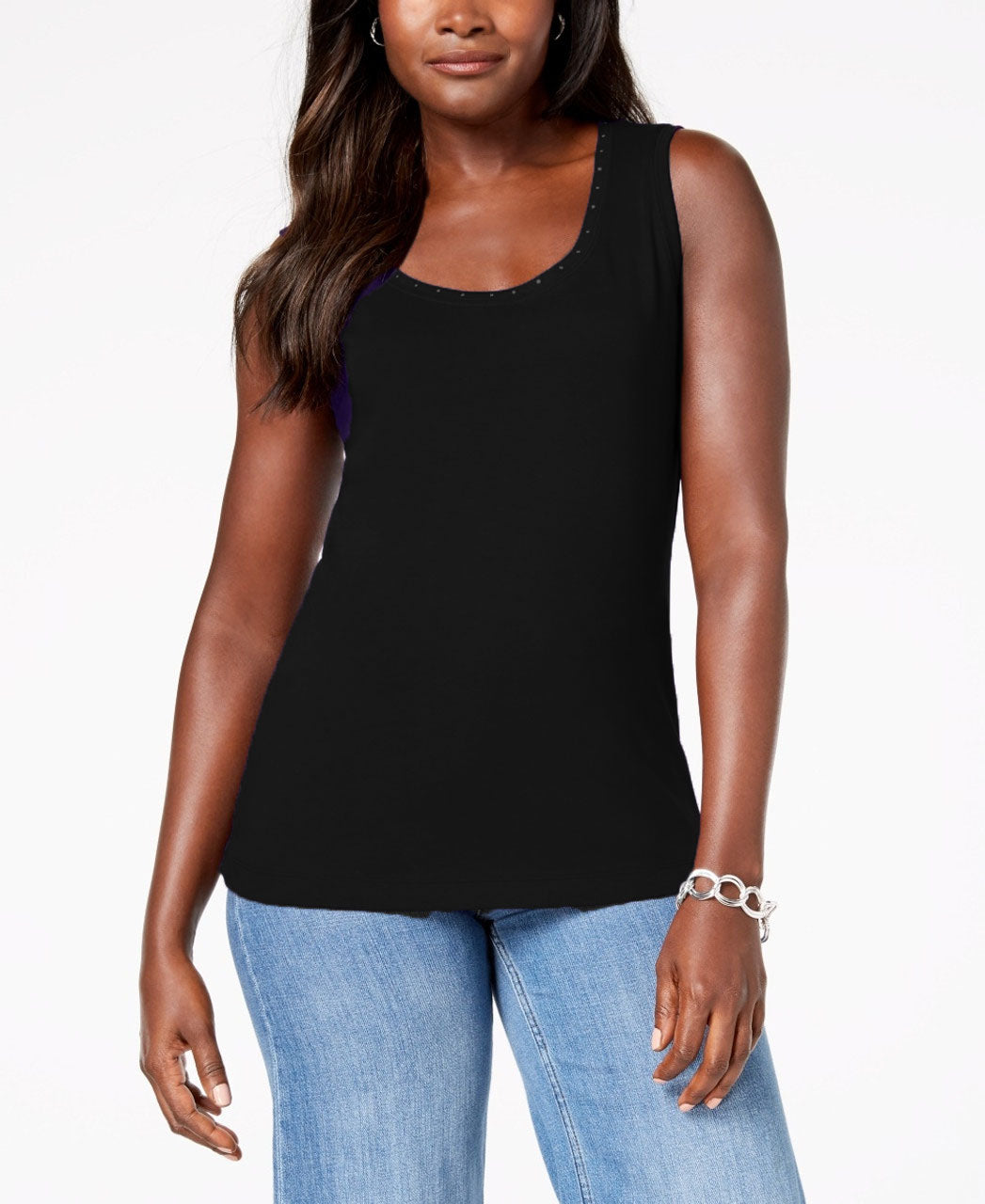 Karen Scott Women's Petite Cotton Studded Tank Black Size Medium