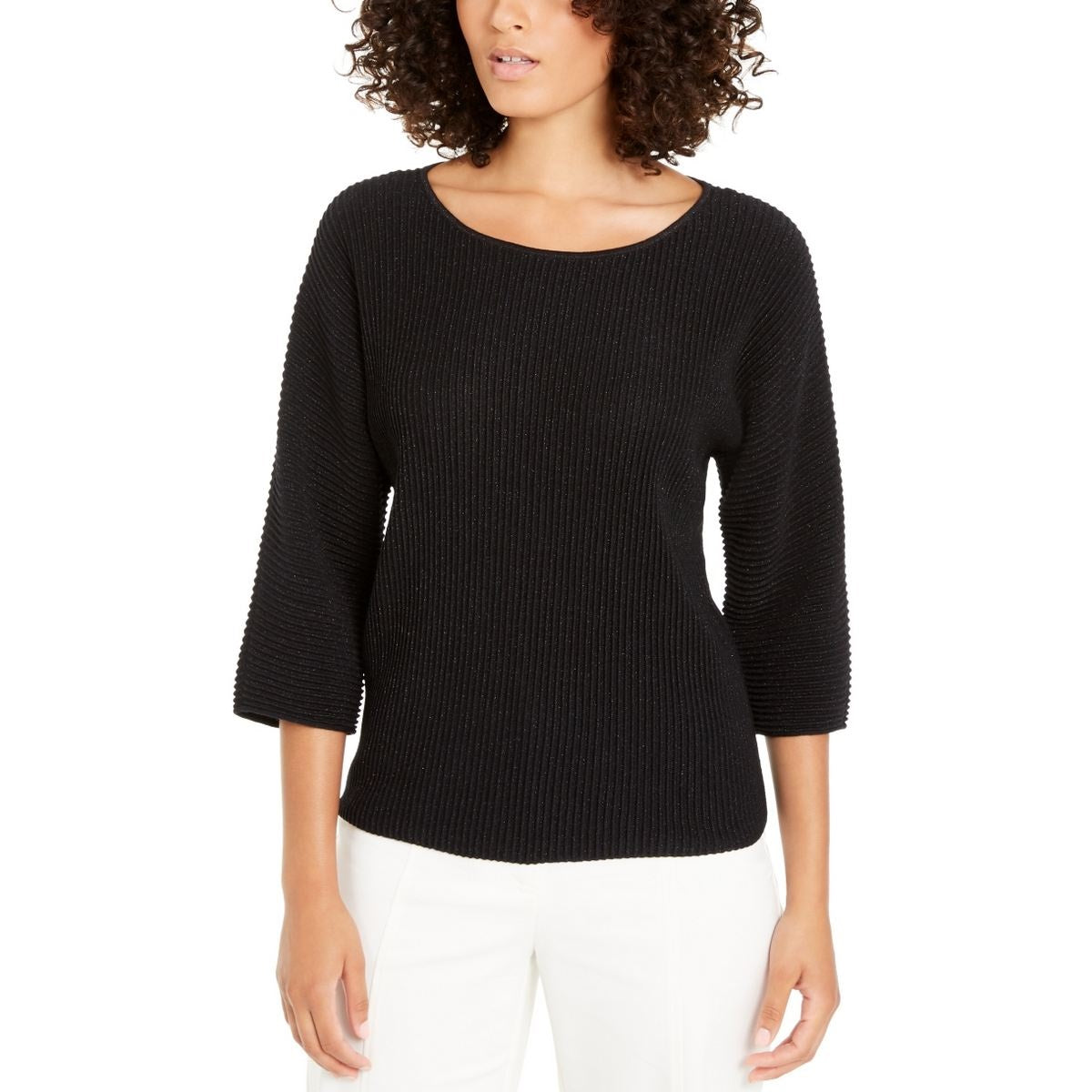 Alfani Women's Metallic Ribbed-Knit Sweater Black Size Medium