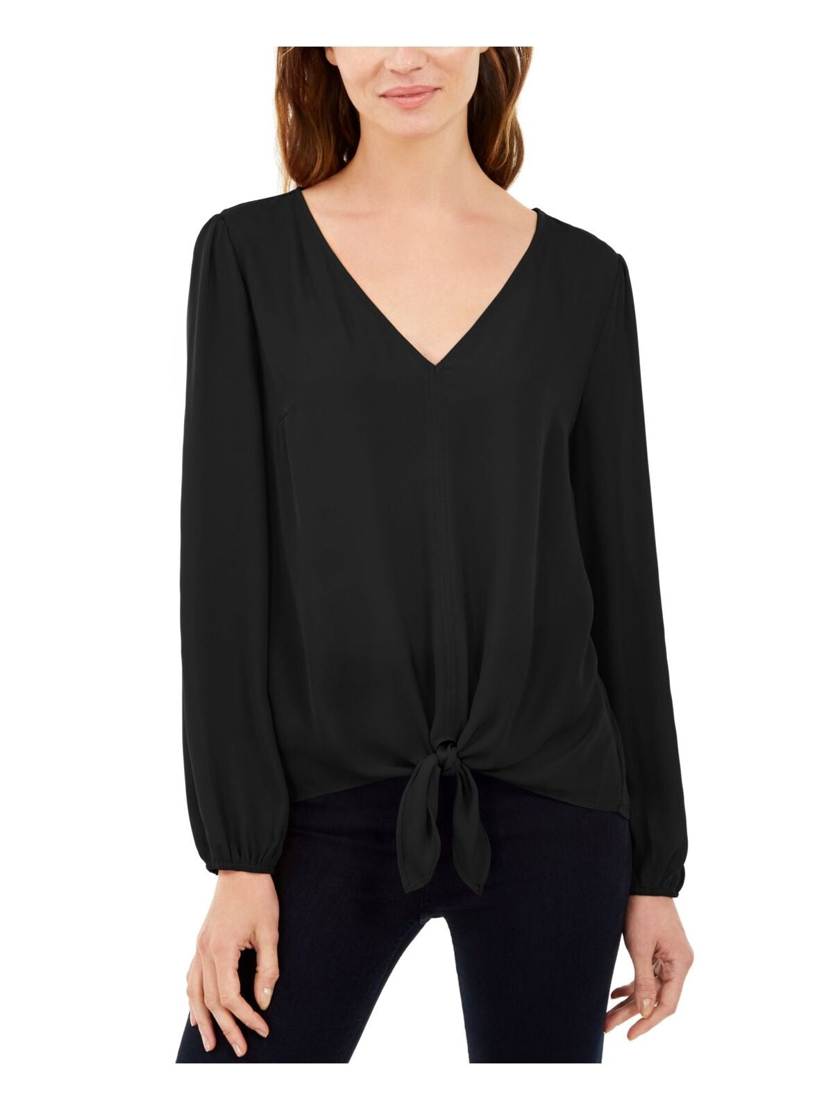 INC International Concepts Women's Puff Sleeve Tie Front Top Black Size Small