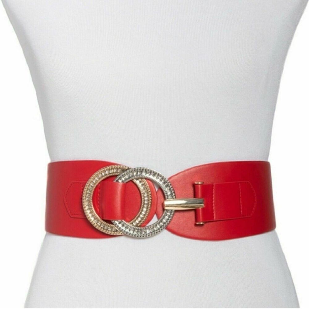 INC Women's Double-Ring Rhinestone Interlock Leather Stretch Belt Red Size S/M
