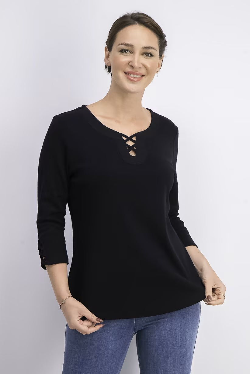 Karen Scott Women's Cotton Lace-Up T-Shirt Black Size Medium