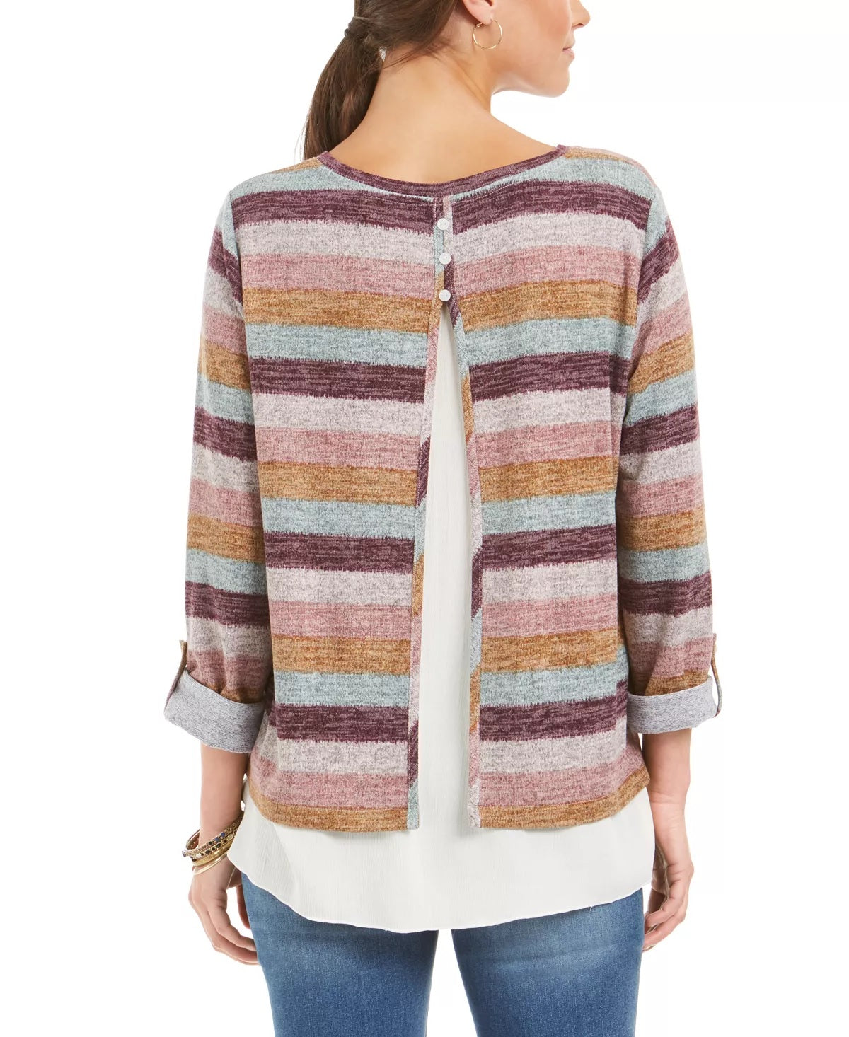 Style & Co Women's Petite Striped Layered-Look Sweater Purple  stripe  Size PL
