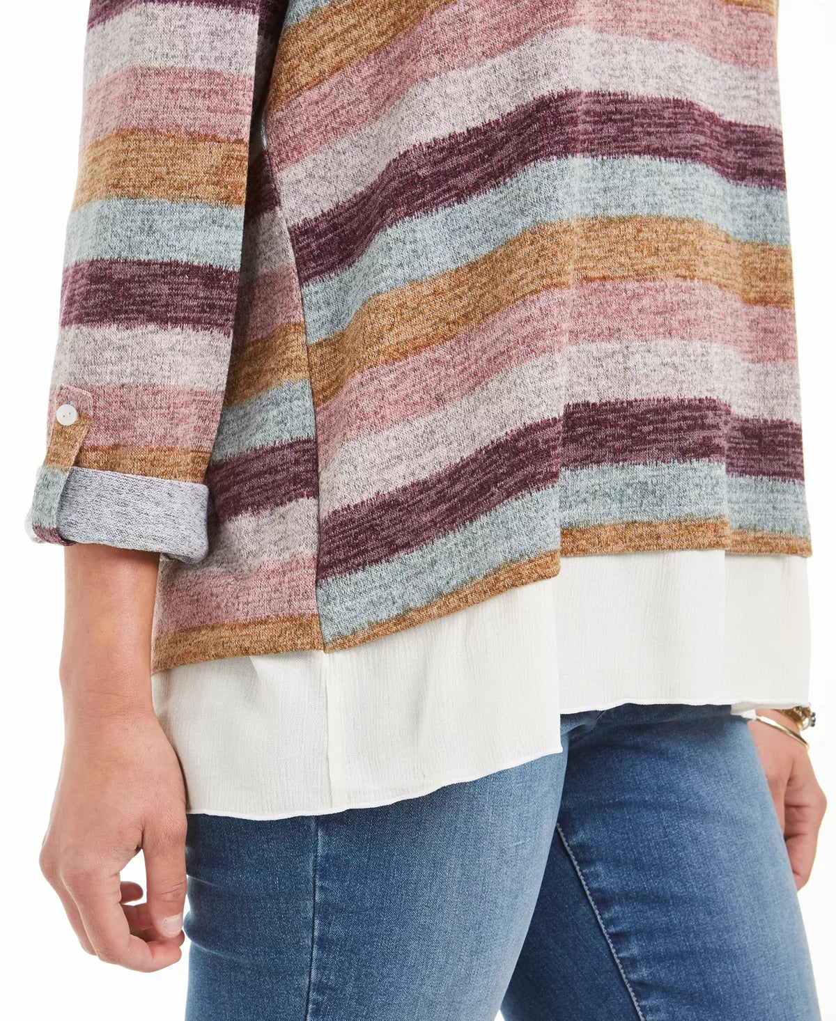Style & Co Women's Petite Striped Layered-Look Sweater Purple  stripe  Size PL