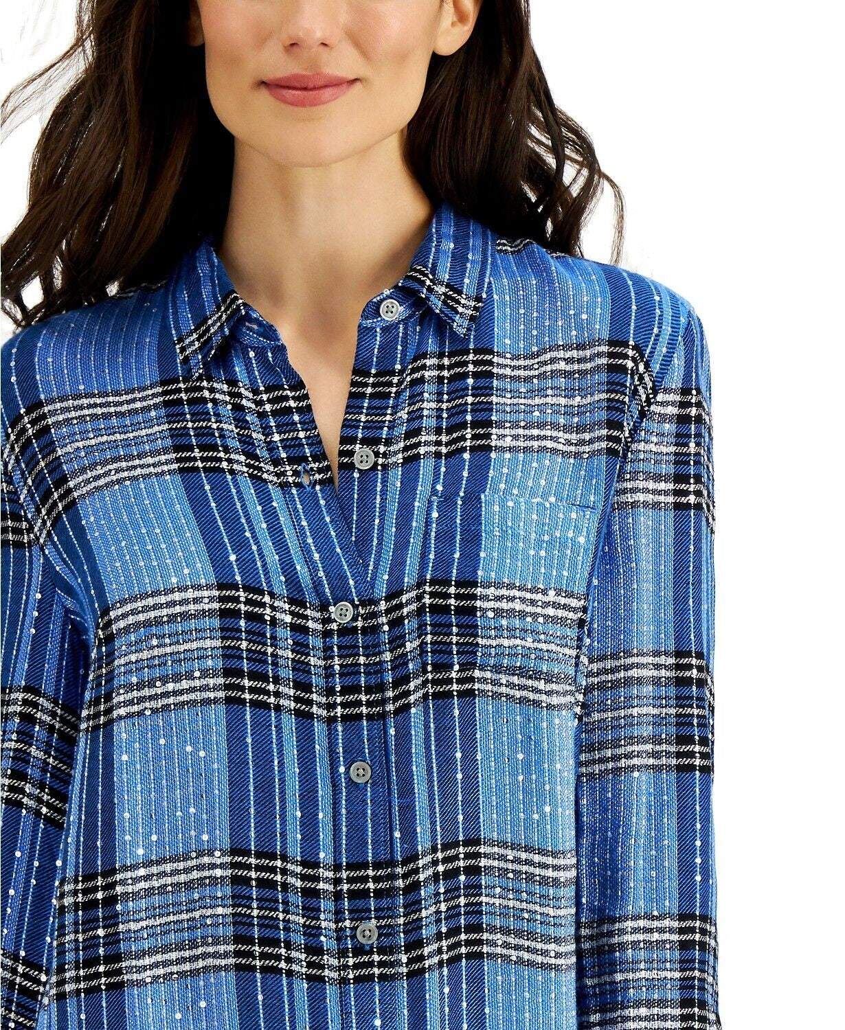 Style & Co Women's Sequined Plaid Shirt Blue/Silver Size PP