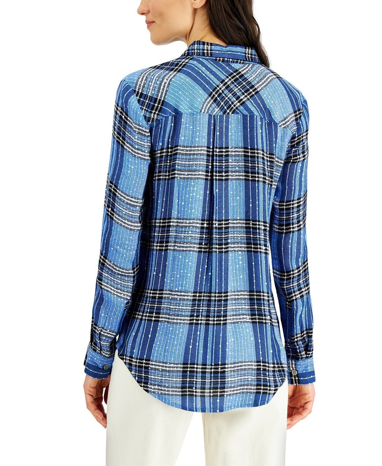 Style & Co Women's Sequined Plaid Shirt Blue/Silver Size PP
