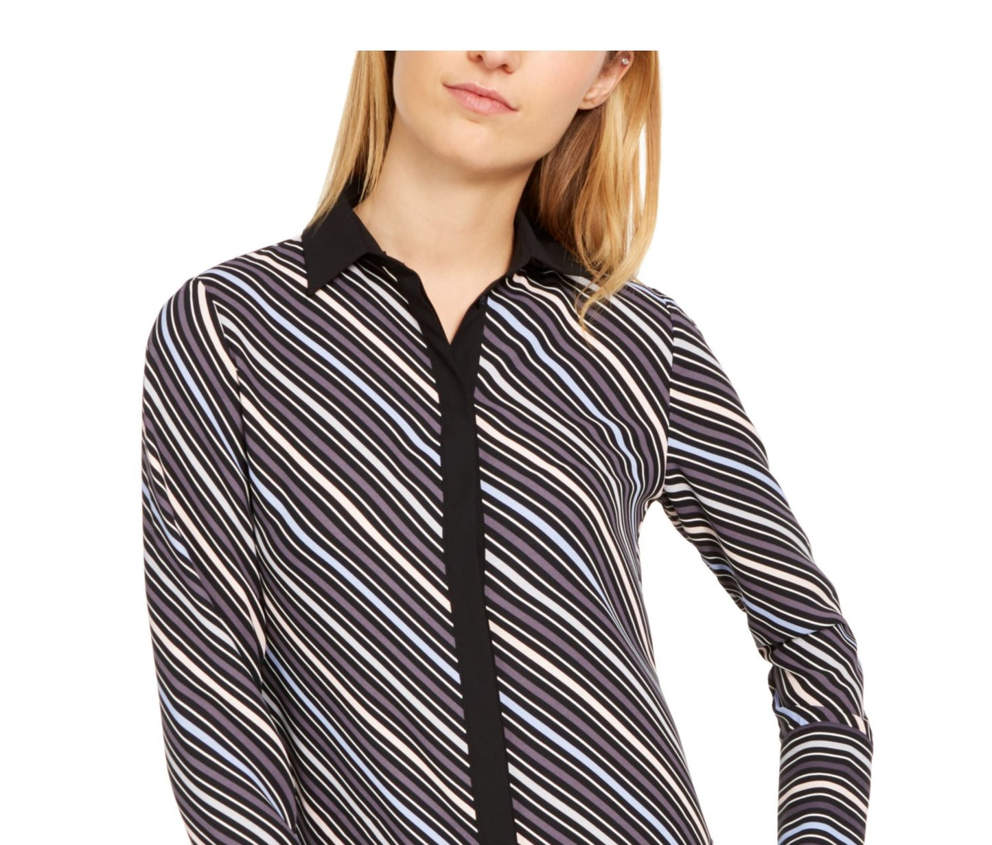 Anne Klein Women's Striped Long Sleeve Collared Top Black Size Large