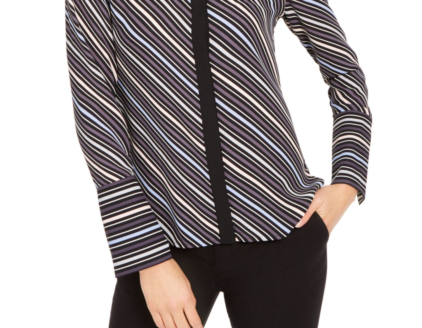 Anne Klein Women's Striped Long Sleeve Collared Top Black Size Large