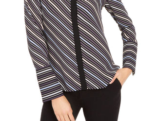 Anne Klein Women's Striped Long Sleeve Collared Top Black Size Large