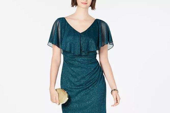 Connected Women's Ruffle Overlay Glitter Short Sleeve V Neck Above The Knee Sheath Party Dress Green Size 8