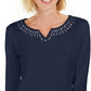 Karen Scott Women's Cotton Studded Split Neck Top Blue Size X-Small