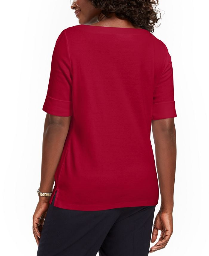 Karen Scott Women's Elbow Sleeve Stud Trim Tunic Red Size Small
