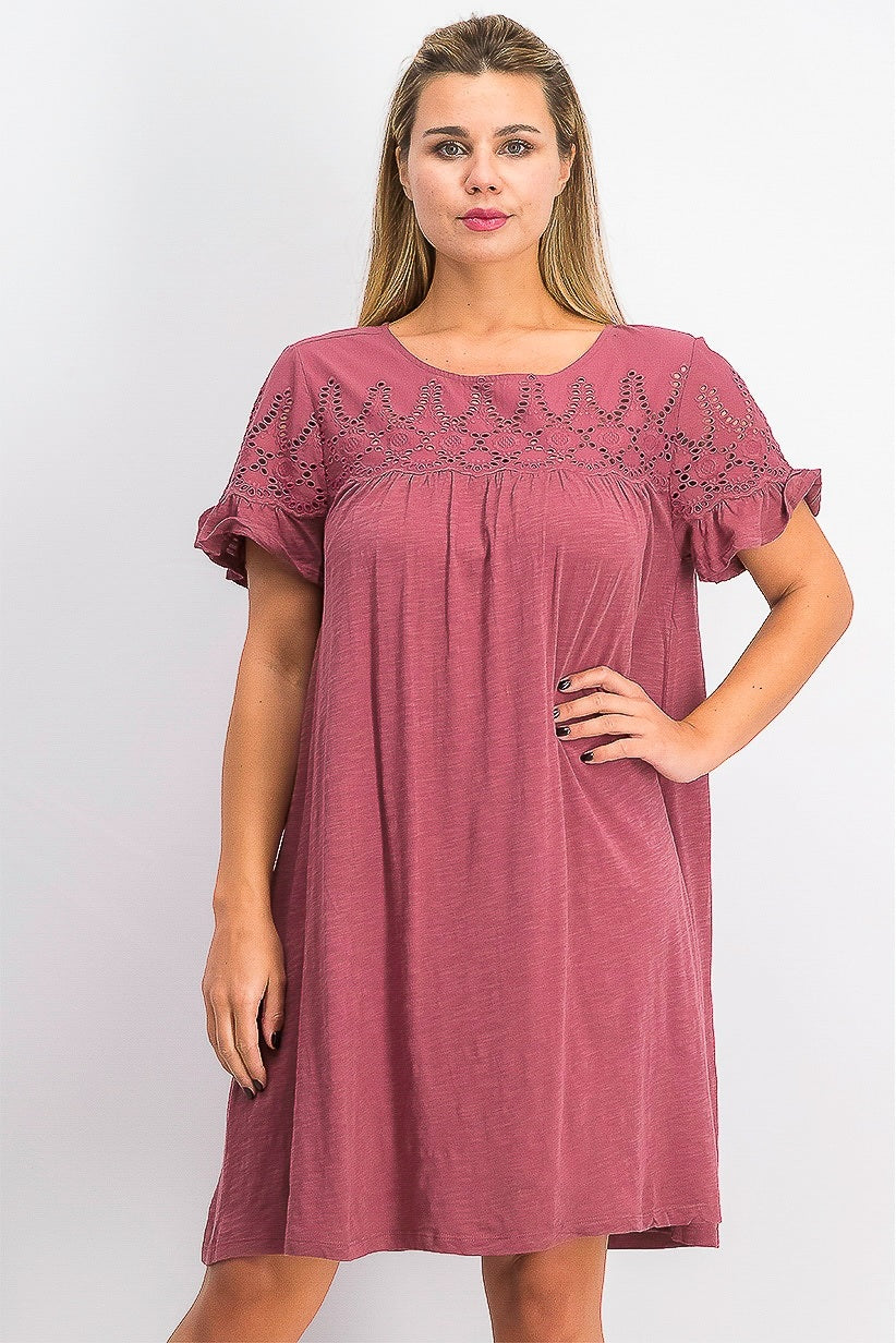 Style & Co Women's Eyelet Flutter Sleeve T-Shirt Dress Pink Size Medium