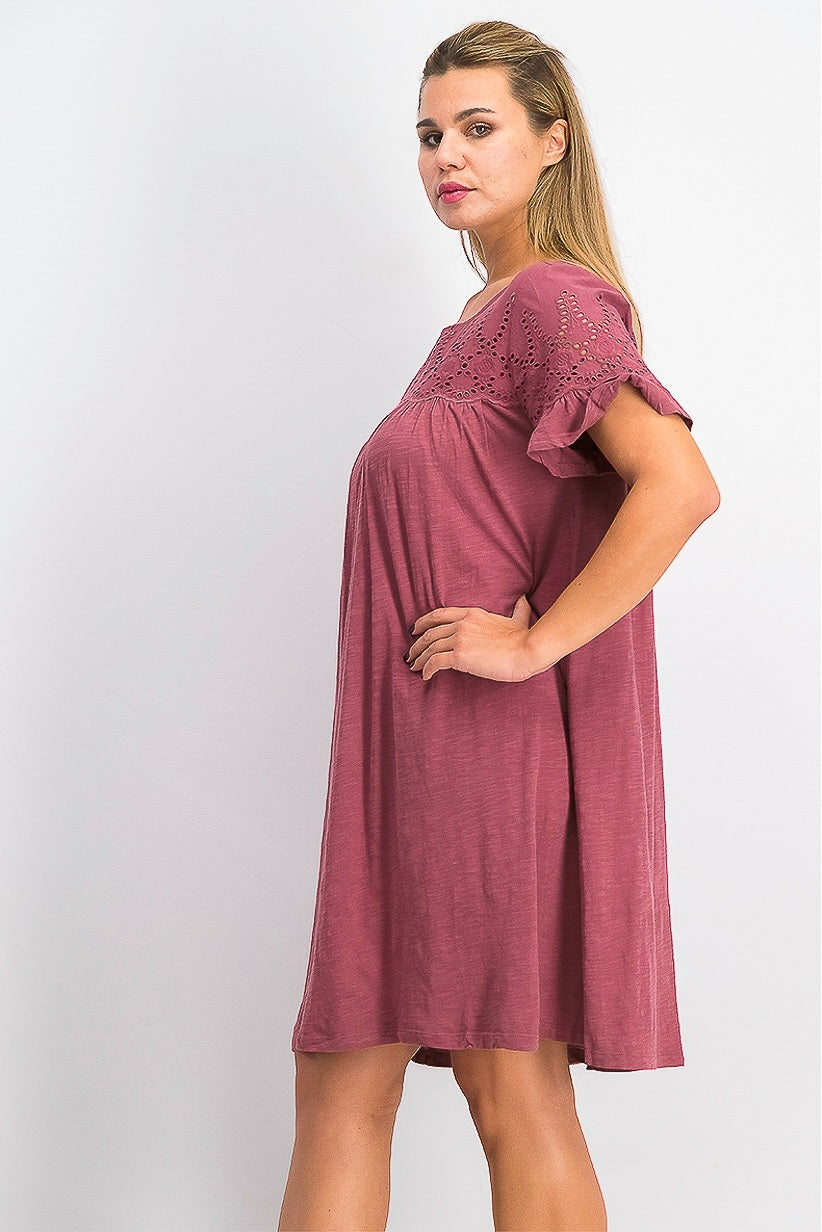 Style & Co Women's Eyelet Flutter Sleeve T-Shirt Dress Pink Size Medium