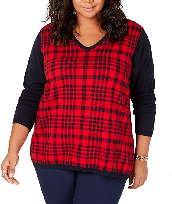 Tommy Hilfiger Women's Plaid Long Sleeve V Neck Sweater Red Size 3XL