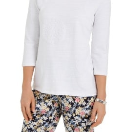 Charter Club Women's 3/4-Sleeve Printed Top White Size Medium