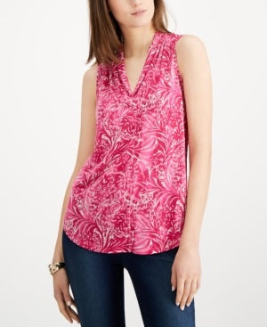 Charter Club Women's Sleeveless Printed Pleated Neck Top Pink  Size Small