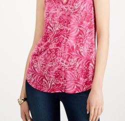 Charter Club Women's Sleeveless Printed Pleated Neck Top Pink  Size Small