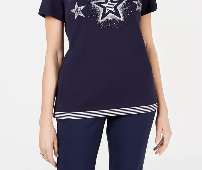 Karen Scott Women's Cotton Star Print Top Blue Size Small