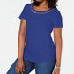 Karen Scott Women's Lattice Neck Embellished Cotton Top Blue  Size Medium