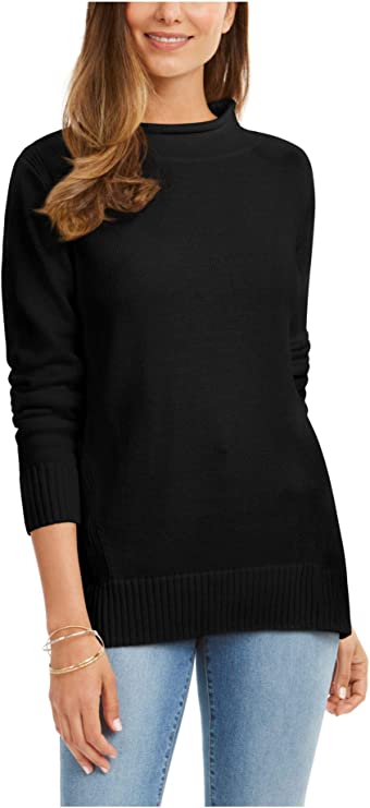 Karen Scott Women's Cotton Mock Neck Sweater Black/White Size Small