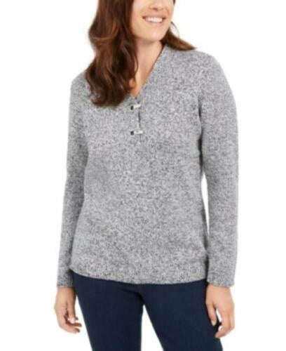 Karen Scott Women's Cotton Marled Henley Sweater Grey Size Small