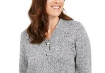 Karen Scott Women's Cotton Marled Henley Sweater Grey Size Small