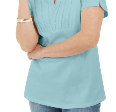 Karen Scott Women's Woven Split Neck Top Blue  Size Small