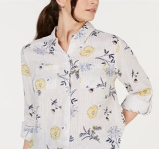 Charter Club Women's Linen Printed Button up Top White Size Petite XL