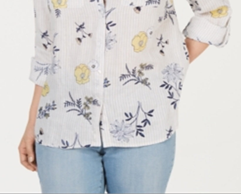 Charter Club Women's Linen Printed Button up Top White Size Petite XL