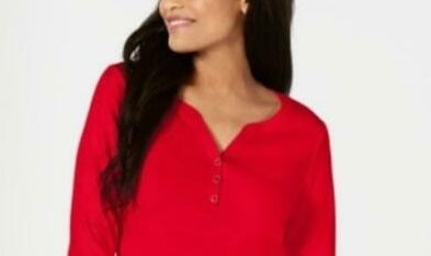 Karen Scott Women's Cotton Henley Neck Top Red  Size PL