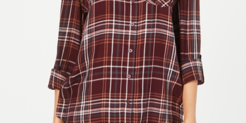 Style & Co Women's Plaid One Pocket Shirt Pink Size XX-Large