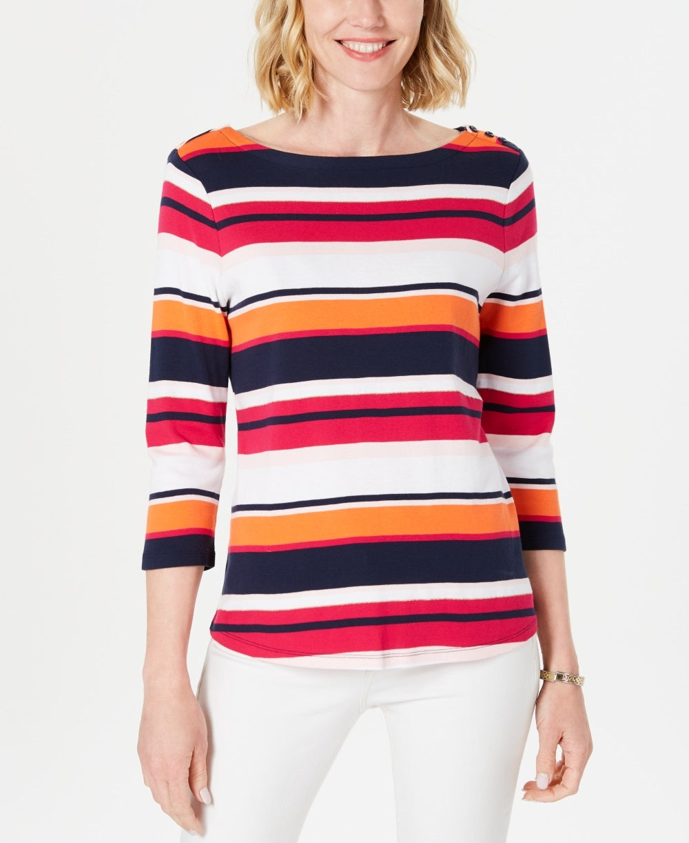 Charter Club Women's Pima Cotton Button-Shoulder Stripe Top Pink Size XX-Large