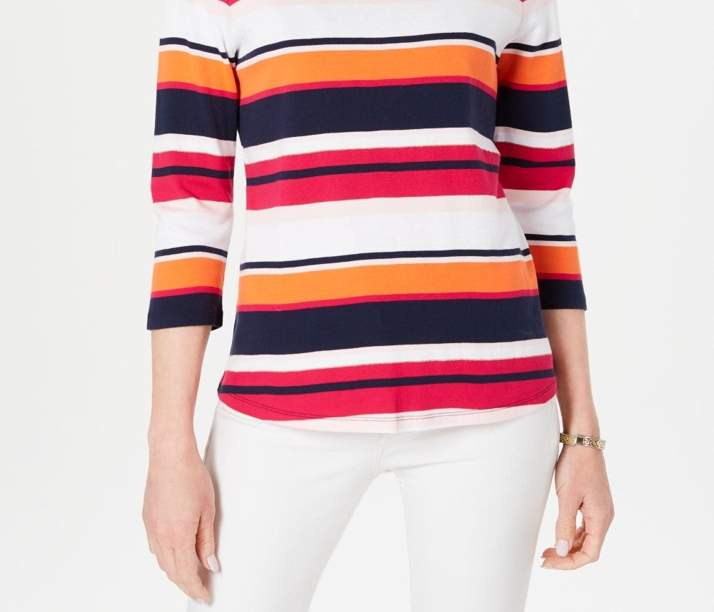 Charter Club Women's Pima Cotton Button-Shoulder Stripe Top Pink Size XX-Large