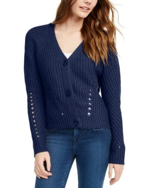 Pink Rose Juniors' Eyelet Cardigan Sweater BlackSize Large