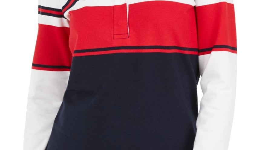 Tommy Hilfiger Women's Long-Sleeve Polo Shirt Red/Blue Size X-Small