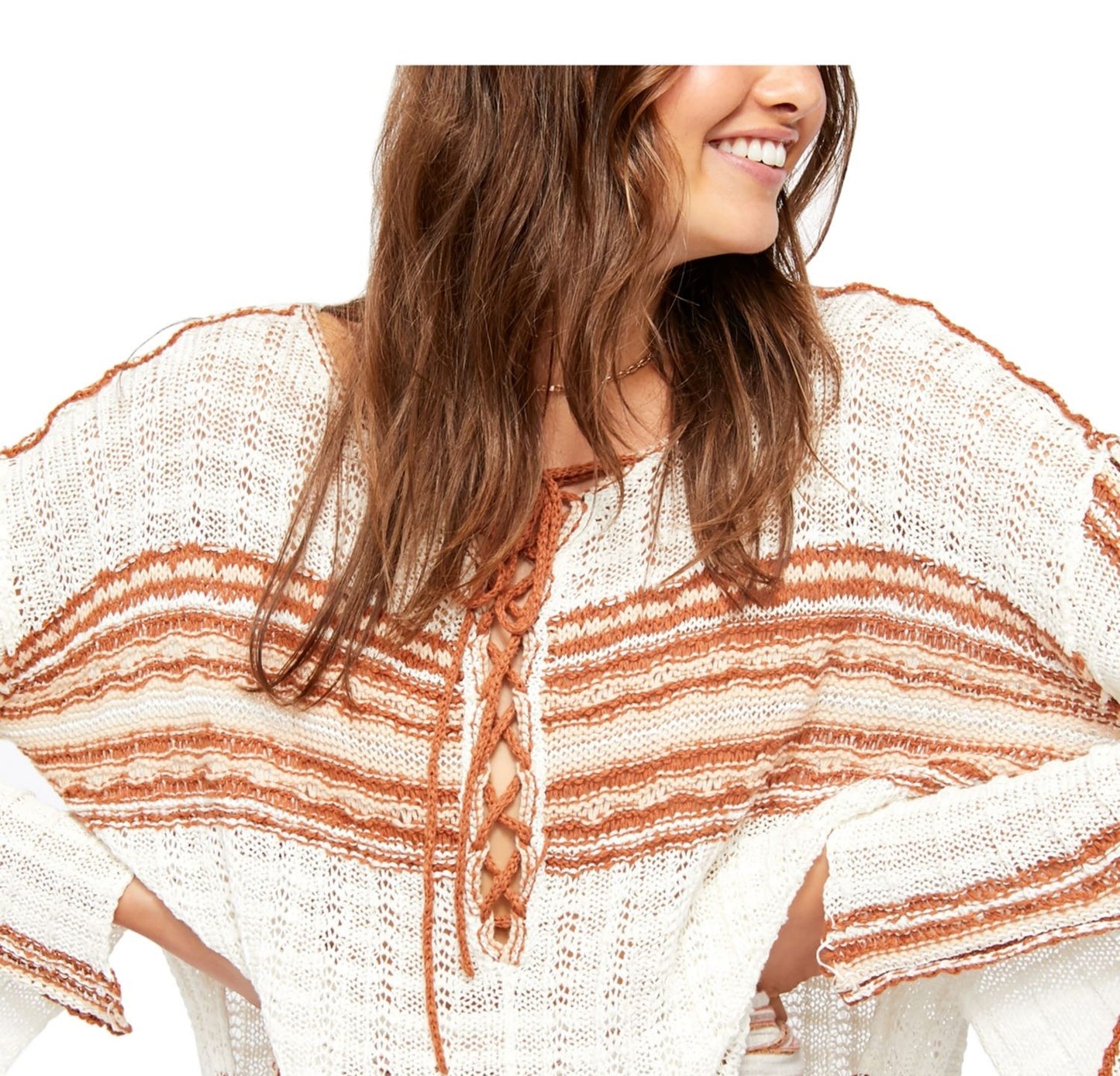 Free People Women's Striped Long Sleeve Scoop Neck Tunic Sweater White Size Small