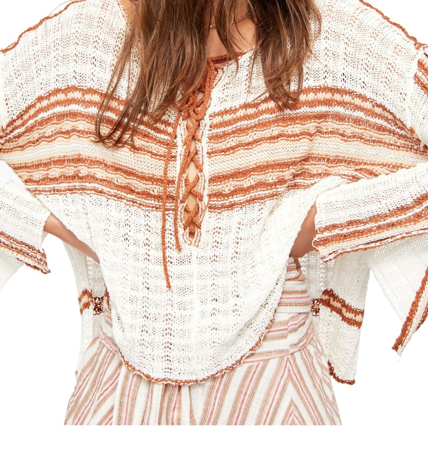 Free People Women's Striped Long Sleeve Scoop Neck Tunic Sweater White Size Small