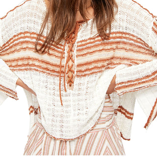 Free People Women's Striped Long Sleeve Scoop Neck Tunic Sweater White Size Small