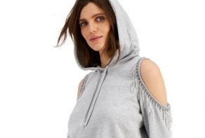 INC International Concepts Women's Cold-Shoulder Fringe Hoodie Grey Size Large
