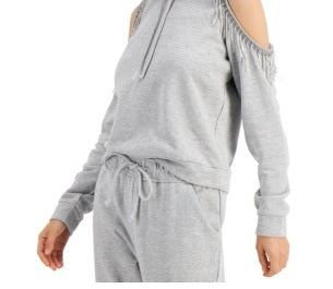 INC International Concepts Women's Cold-Shoulder Fringe Hoodie Grey Size Large