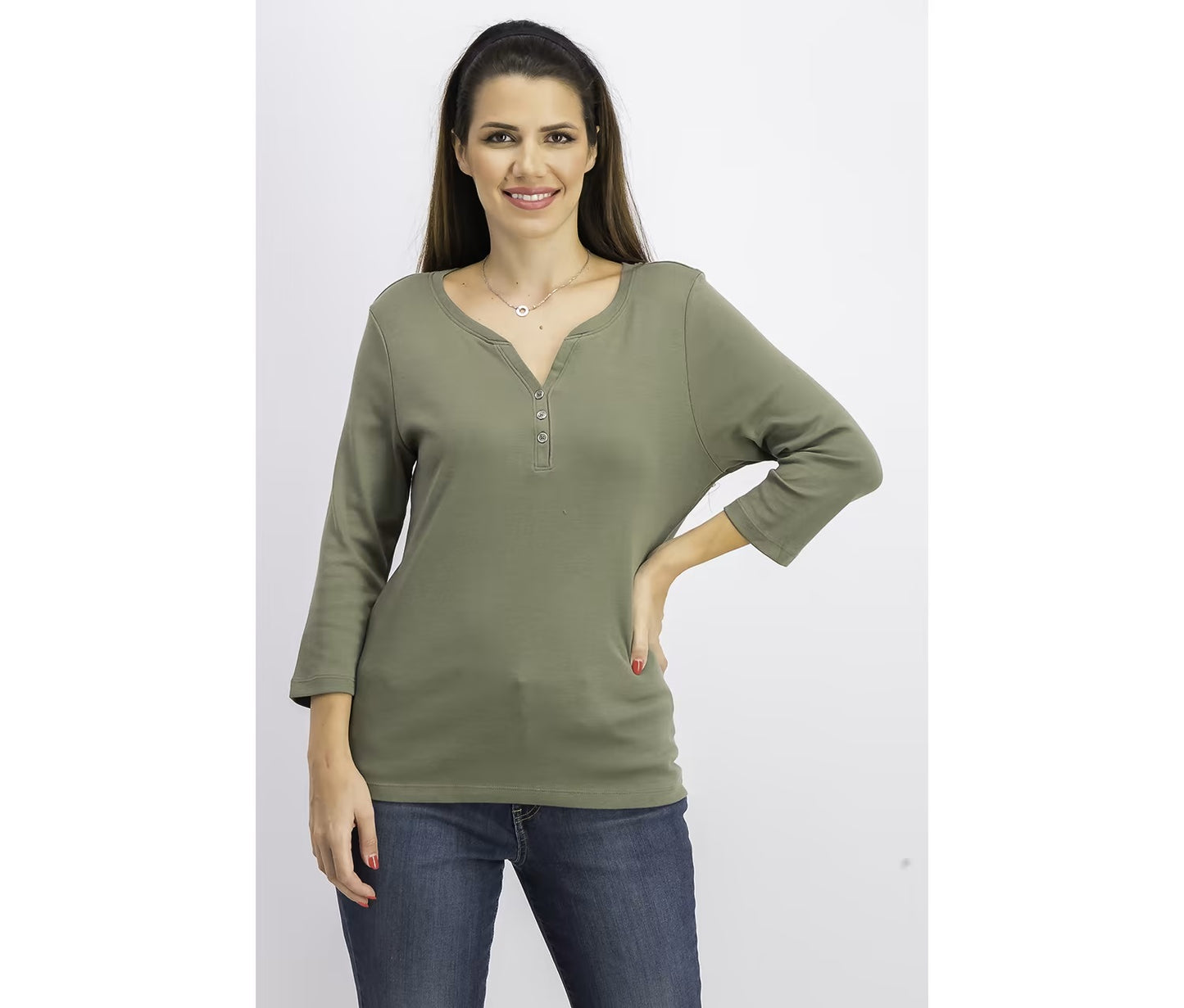 Karen Scott Women's Petite Cotton Henley-Neck Top Green  Olive Size Medium