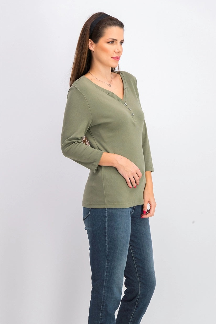 Karen Scott Women's Petite Cotton Henley-Neck Top Green  Olive Size Medium