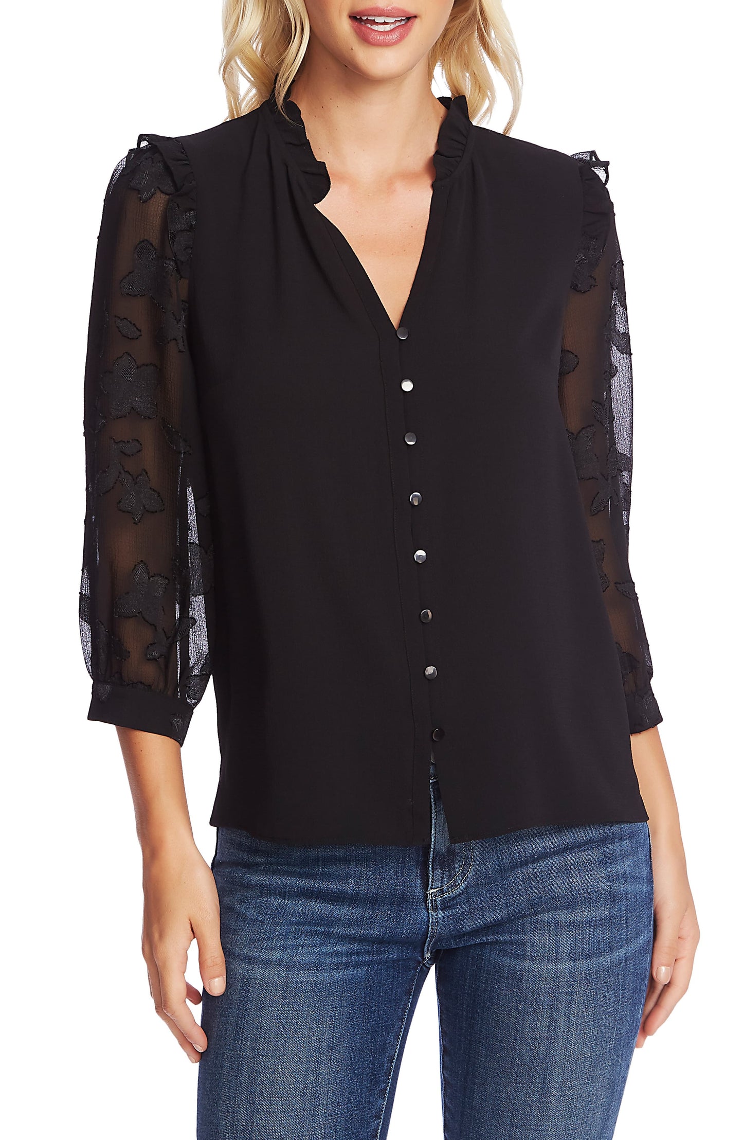 CeCe Women's Three Quarter Floral Jacquard Sleeve Top Gray Size Small